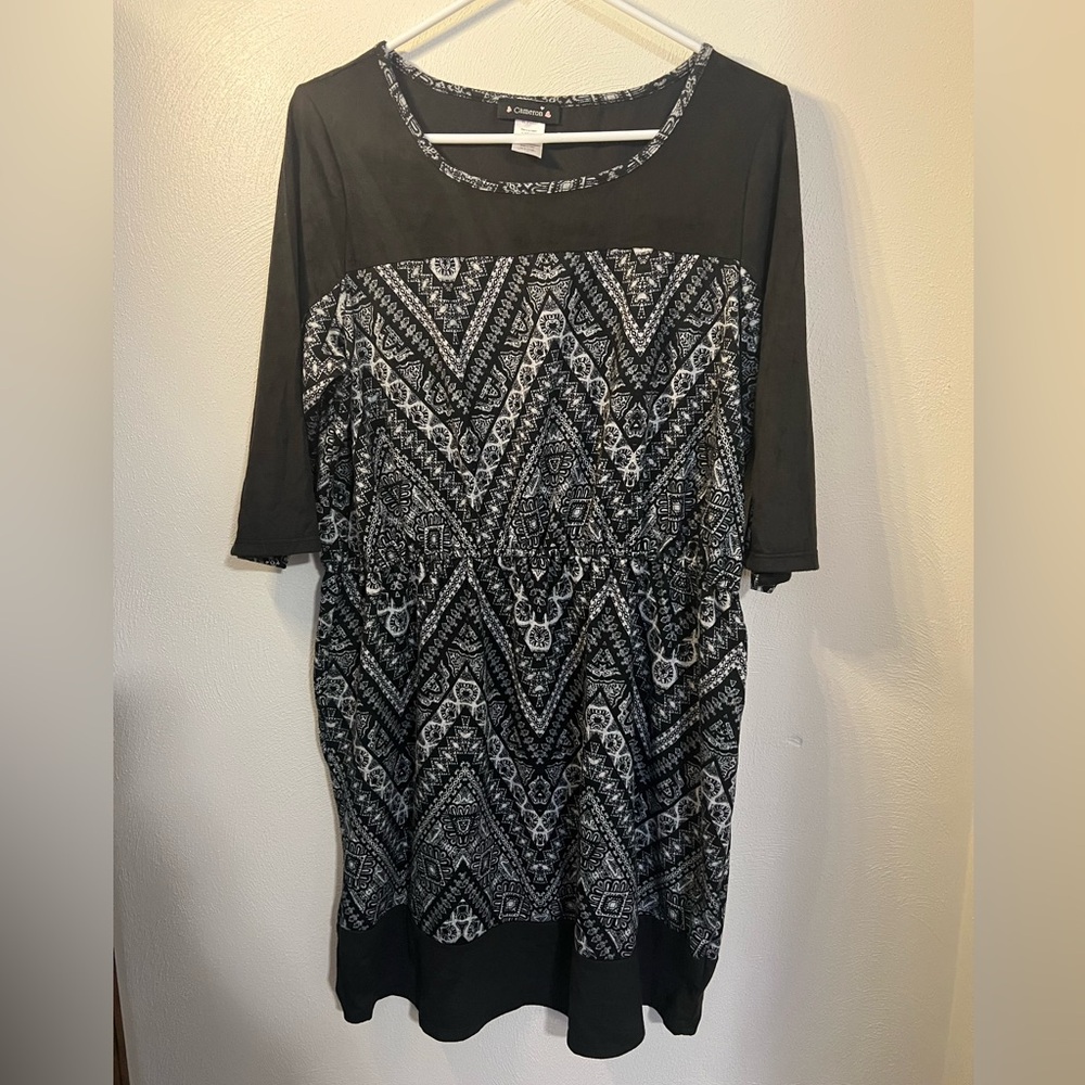 CAMERON Black and White Roll Tab Sleeve Graphic Print Conservative Dress Size 1X